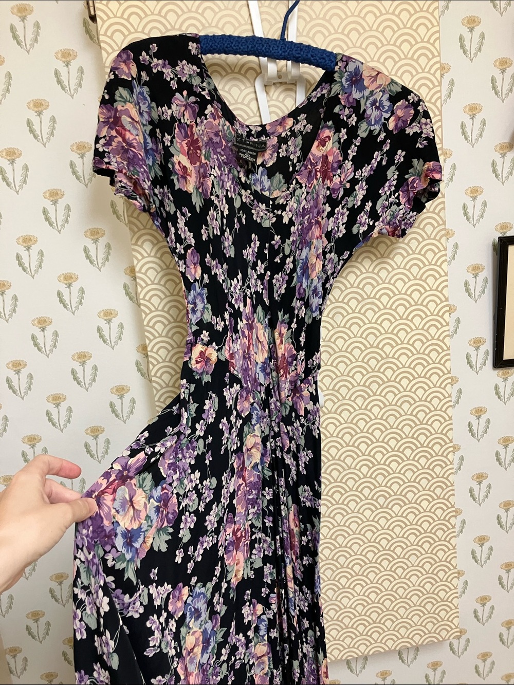 Vintage Black Maxi Dress with Purple Floral Print